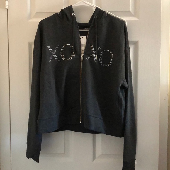 XOXO Tops - NWT XOXO Dark Grey Embellished Hooded Sweatshirt.